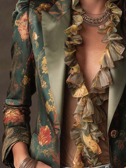 Vintage Dark Green Floral Satin Blazer Contrast Sage Lapel Puffed Shoulder Slim Fit Single Breasted Jacket