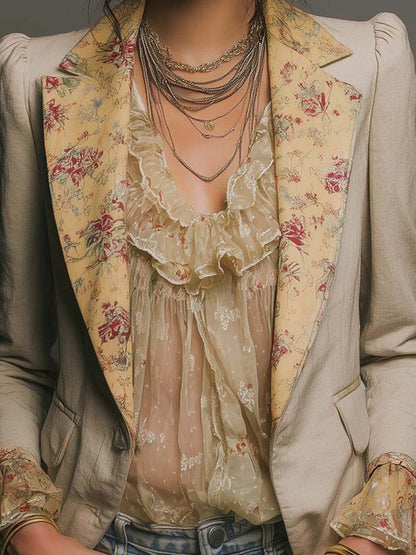 Boho Light Beige Woven Blazer Contrast Cream Floral Chiffon Lapel Cuffs Puffed Shoulder Jacket