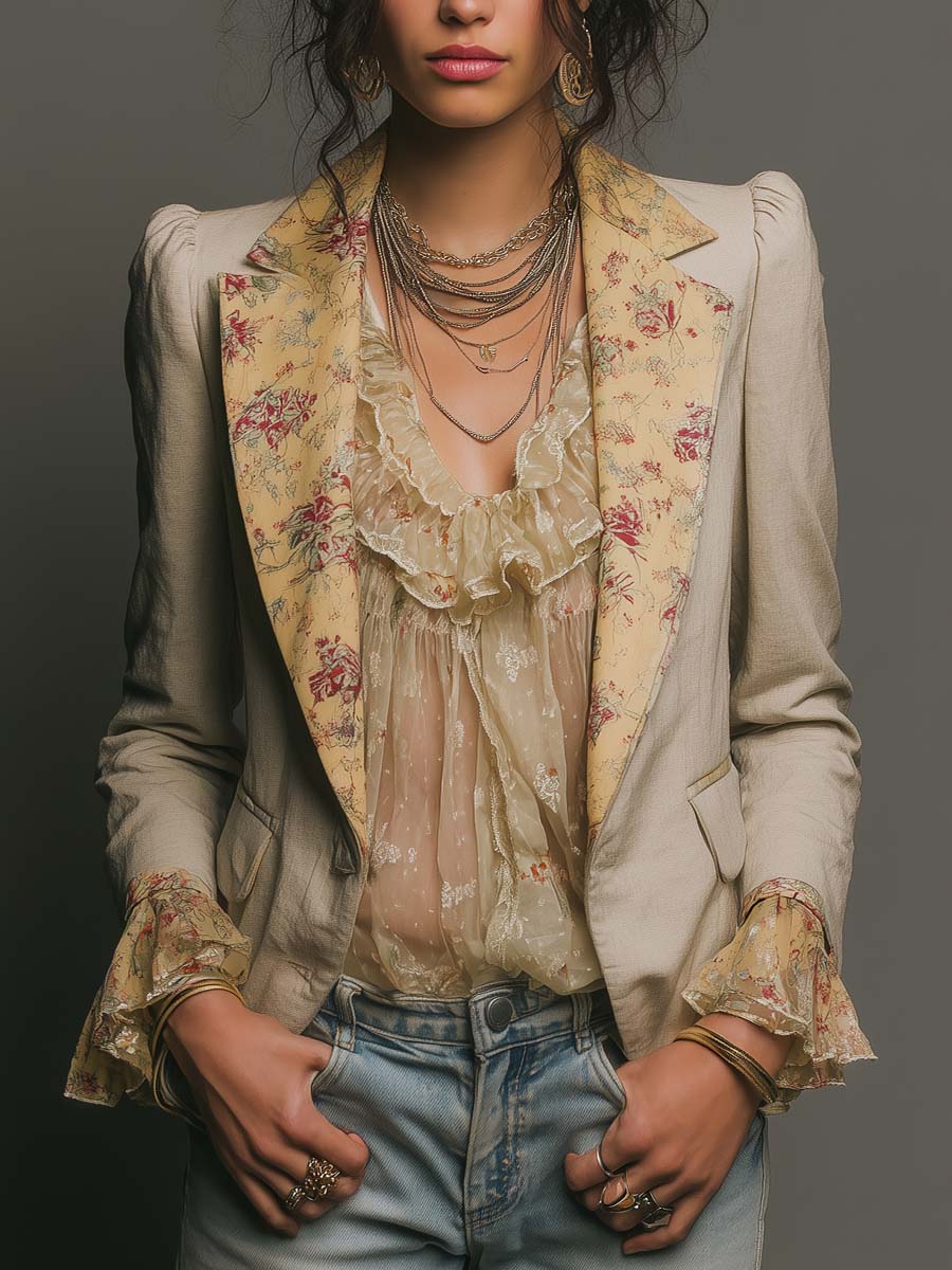 Boho Light Beige Woven Blazer Contrast Cream Floral Chiffon Lapel Cuffs Puffed Shoulder Jacket