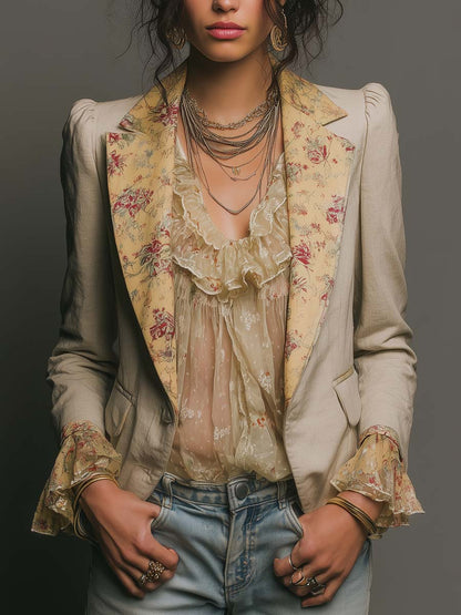 Boho Light Beige Woven Blazer Contrast Cream Floral Chiffon Lapel Cuffs Puffed Shoulder Jacket