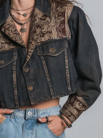 Cropped Vintage Black Denim With Brown Golden Baroque Print Woven Contrast Yoke And Cuff Jacket