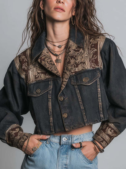 Cropped Vintage Black Denim With Brown Golden Baroque Print Woven Contrast Yoke And Cuff Jacket
