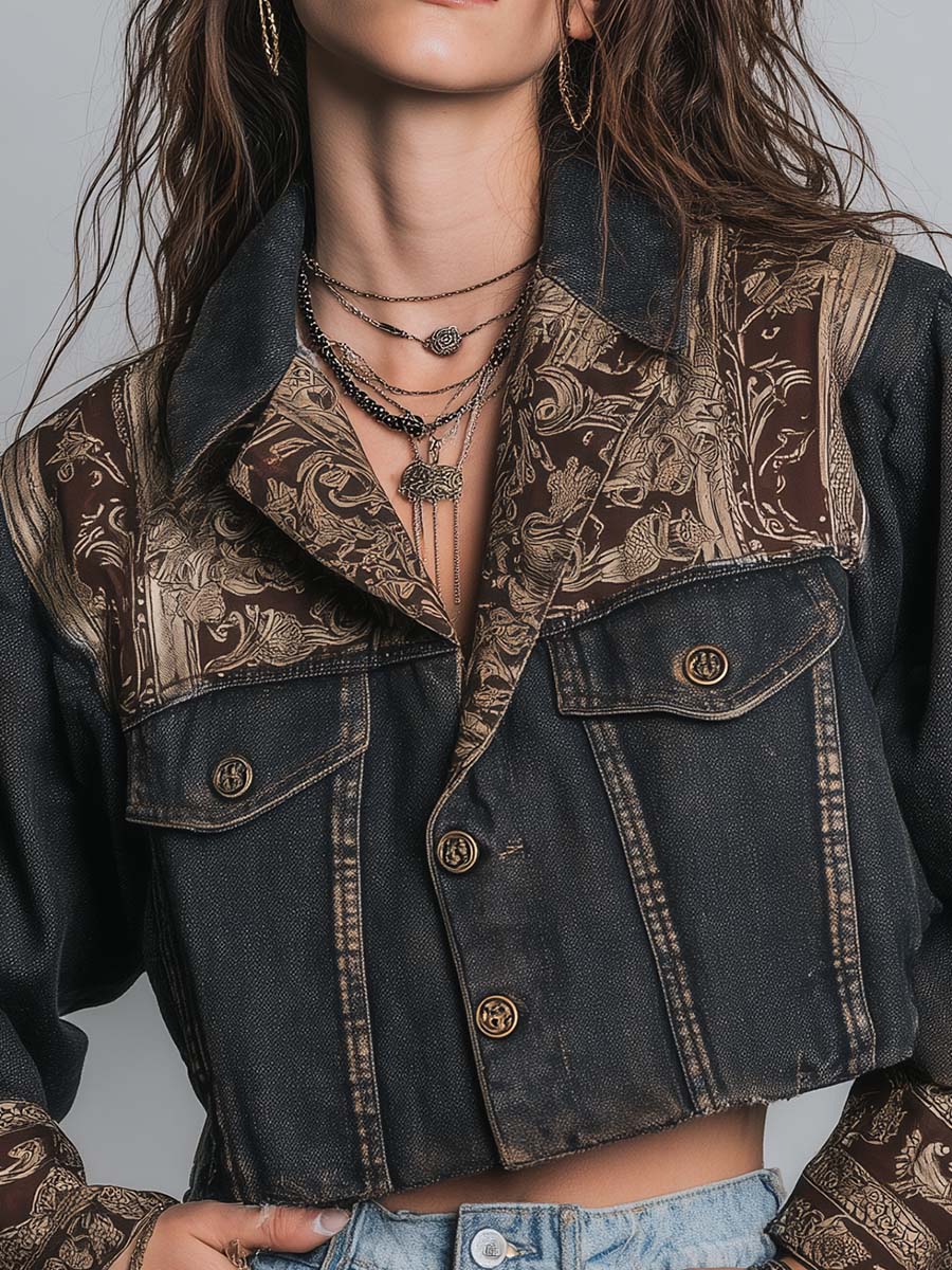 Cropped Vintage Black Denim With Brown Golden Baroque Print Woven Contrast Yoke And Cuff Jacket