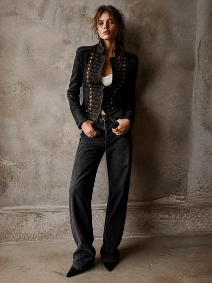 Vintage Military Gold-Trim Faux Leather Jacket