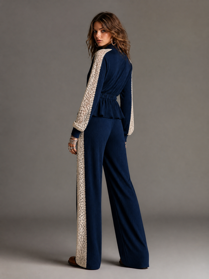 Elegant Navy Vertical Ribbed Knit Two Piece Outfit Zip Front Peplum Top Off White Floral Lace Panel Wide Leg Pants