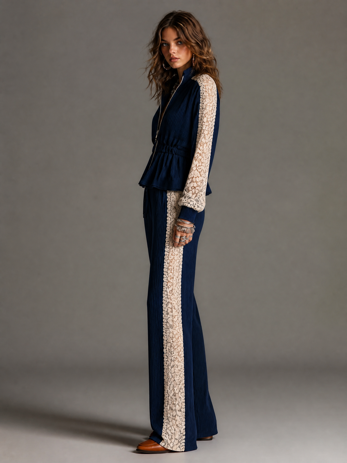 Elegant Navy Vertical Ribbed Knit Two Piece Outfit Zip Front Peplum Top Off White Floral Lace Panel Wide Leg Pants