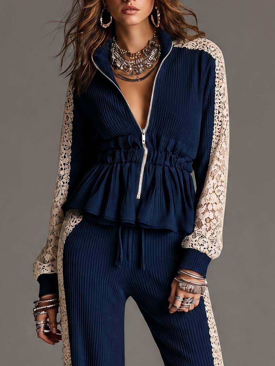 Elegant Navy Vertical Ribbed Knit Two Piece Outfit Zip Front Peplum Top Off White Floral Lace Panel Wide Leg Pants