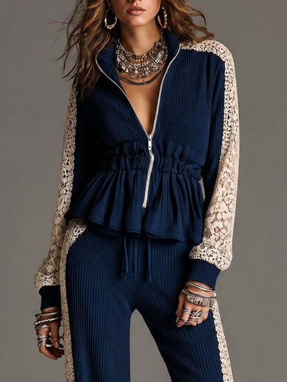 Elegant Navy Vertical Ribbed Knit Two Piece Outfit Zip Front Peplum Top Off White Floral Lace Panel Wide Leg Pants