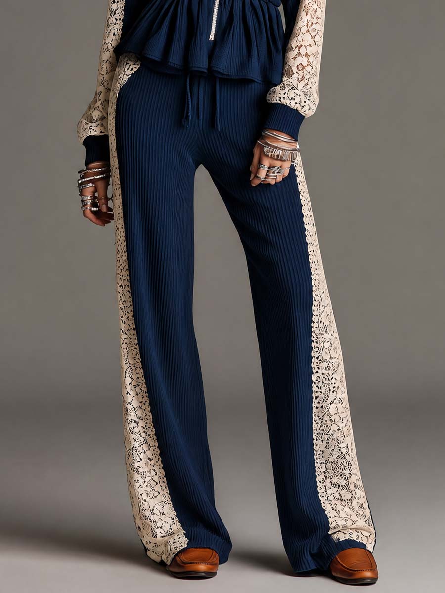 Elegant Navy Vertical Ribbed Knit Two Piece Outfit Zip Front Peplum Top Off White Floral Lace Panel Wide Leg Pants