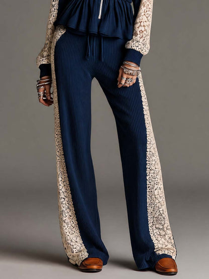 Elegant Navy Vertical Ribbed Knit Two Piece Outfit Zip Front Peplum Top Off White Floral Lace Panel Wide Leg Pants