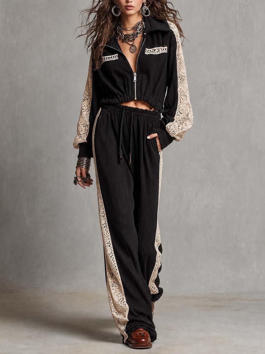 Zip Up Collar Cropped Ribbed Jacket With Lace Patch Sleeve & Drawstring Waist Ribbed Wide Leg Pants Two Piece Set