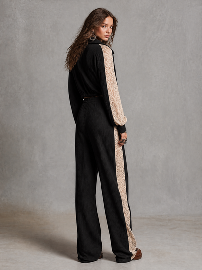 Zip Up Collar Cropped Ribbed Jacket With Lace Patch Sleeve & Drawstring Waist Ribbed Wide Leg Pants Two Piece Set