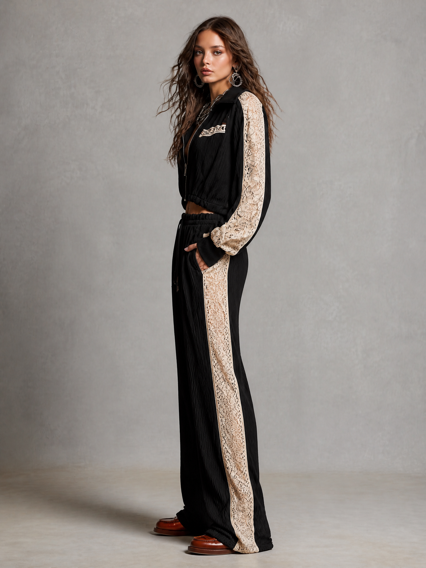 Zip Up Collar Cropped Ribbed Jacket With Lace Patch Sleeve & Drawstring Waist Ribbed Wide Leg Pants Two Piece Set