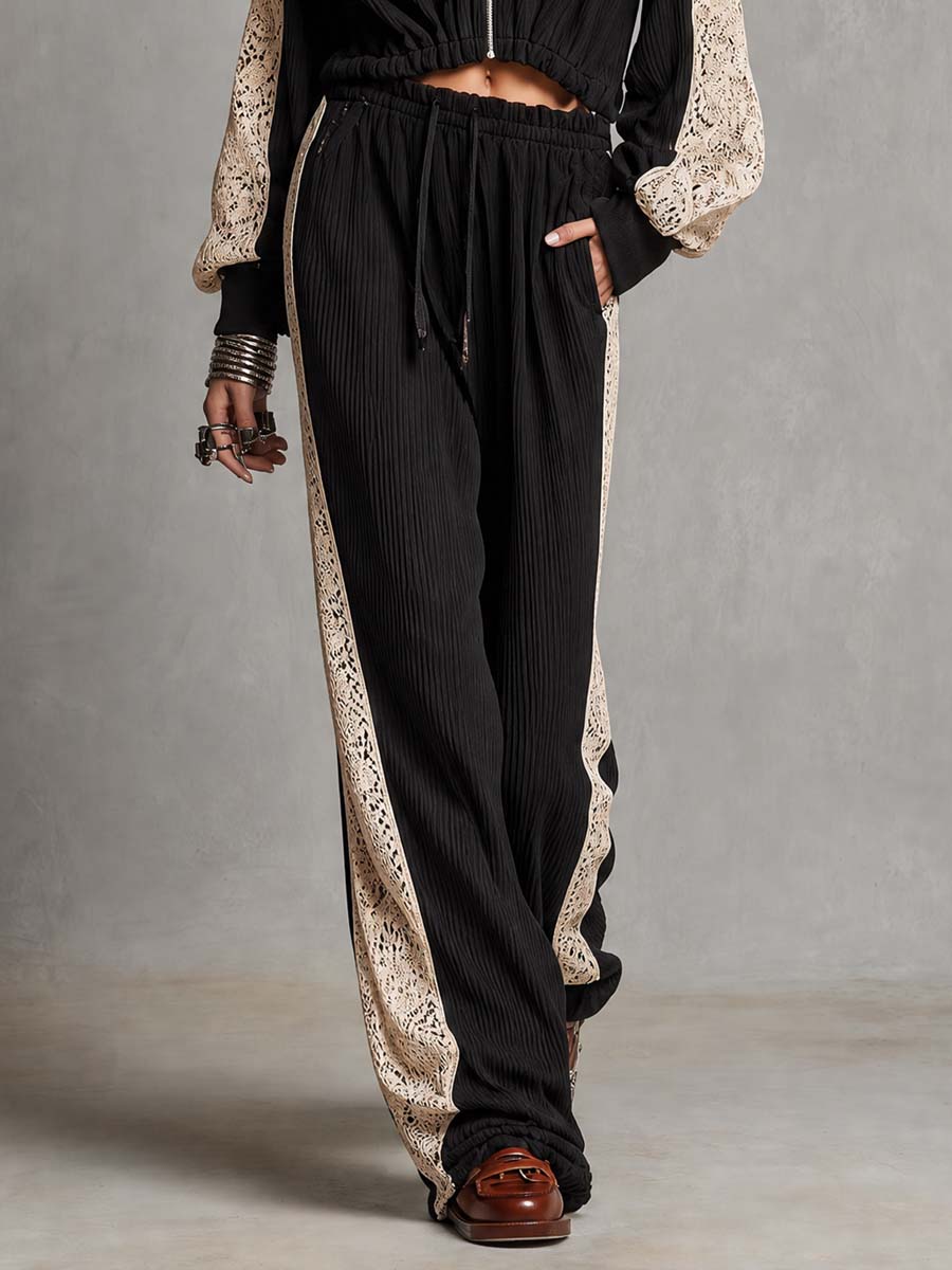 Zip Up Collar Cropped Ribbed Jacket With Lace Patch Sleeve & Drawstring Waist Ribbed Wide Leg Pants Two Piece Set