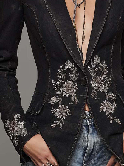 Vintage Washed Black Denim Tailored Blazer Silver Floral Embroidery Slim Fit One Button Western Boho Jacket
