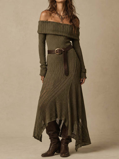 Vintage Off-the-shoulder Lapel Knit Midi Dress