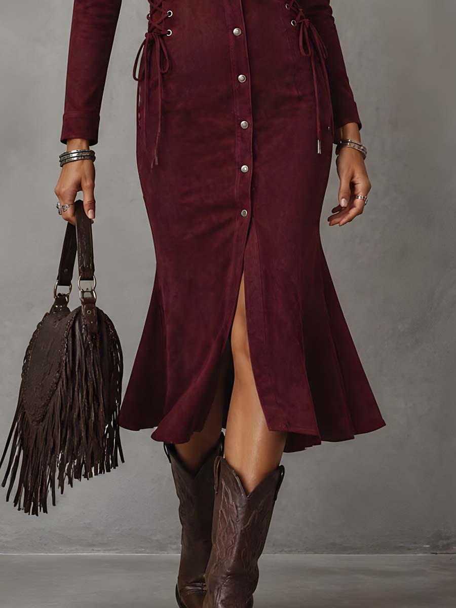 Vintage-style Lace-up Detail Polyester Suede Midi Dress