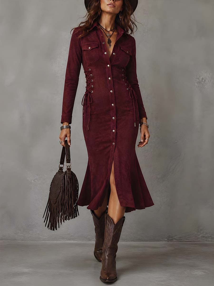 Vintage-style Lace-up Detail Polyester Suede Midi Dress