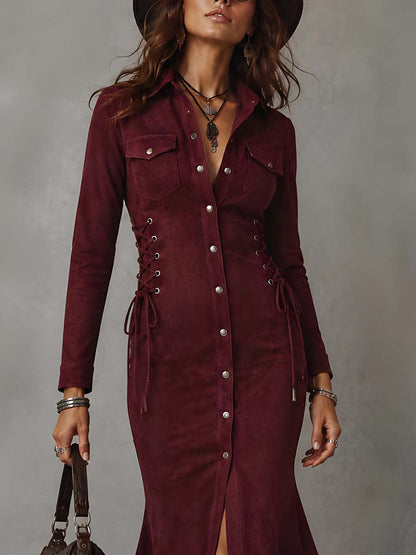 Vintage-style Lace-up Detail Polyester Suede Midi Dress