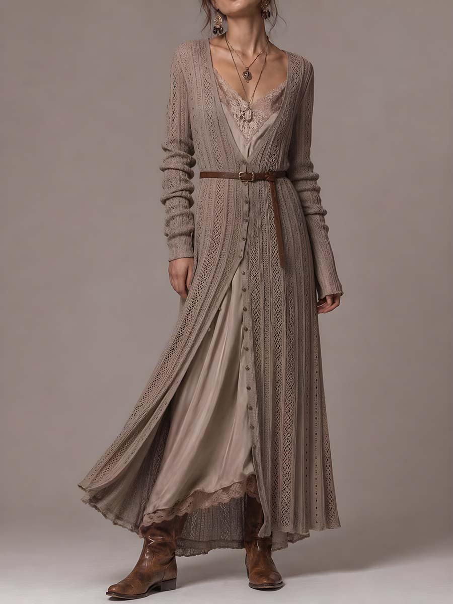 Retro Ribbed Knit Shirt Midi Dress