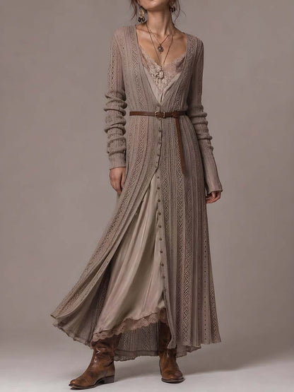 Retro Ribbed Knit Shirt Midi Dress