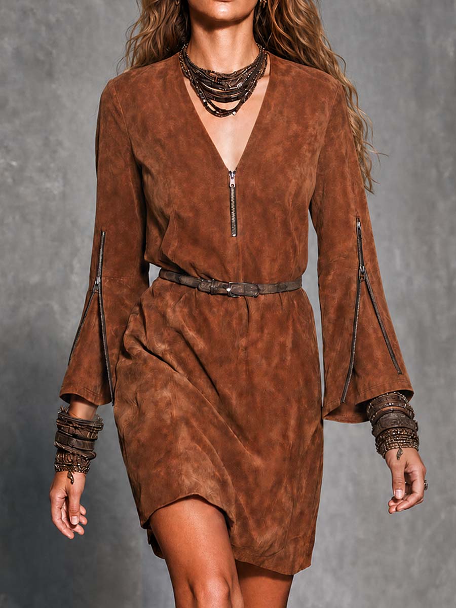 Boho Brown Zip V-Neck Bell Sleeve Belted Mini Dress