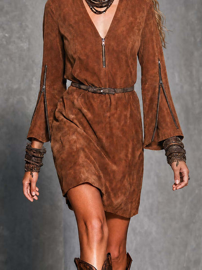 Boho Brown Zip V-Neck Bell Sleeve Belted Mini Dress