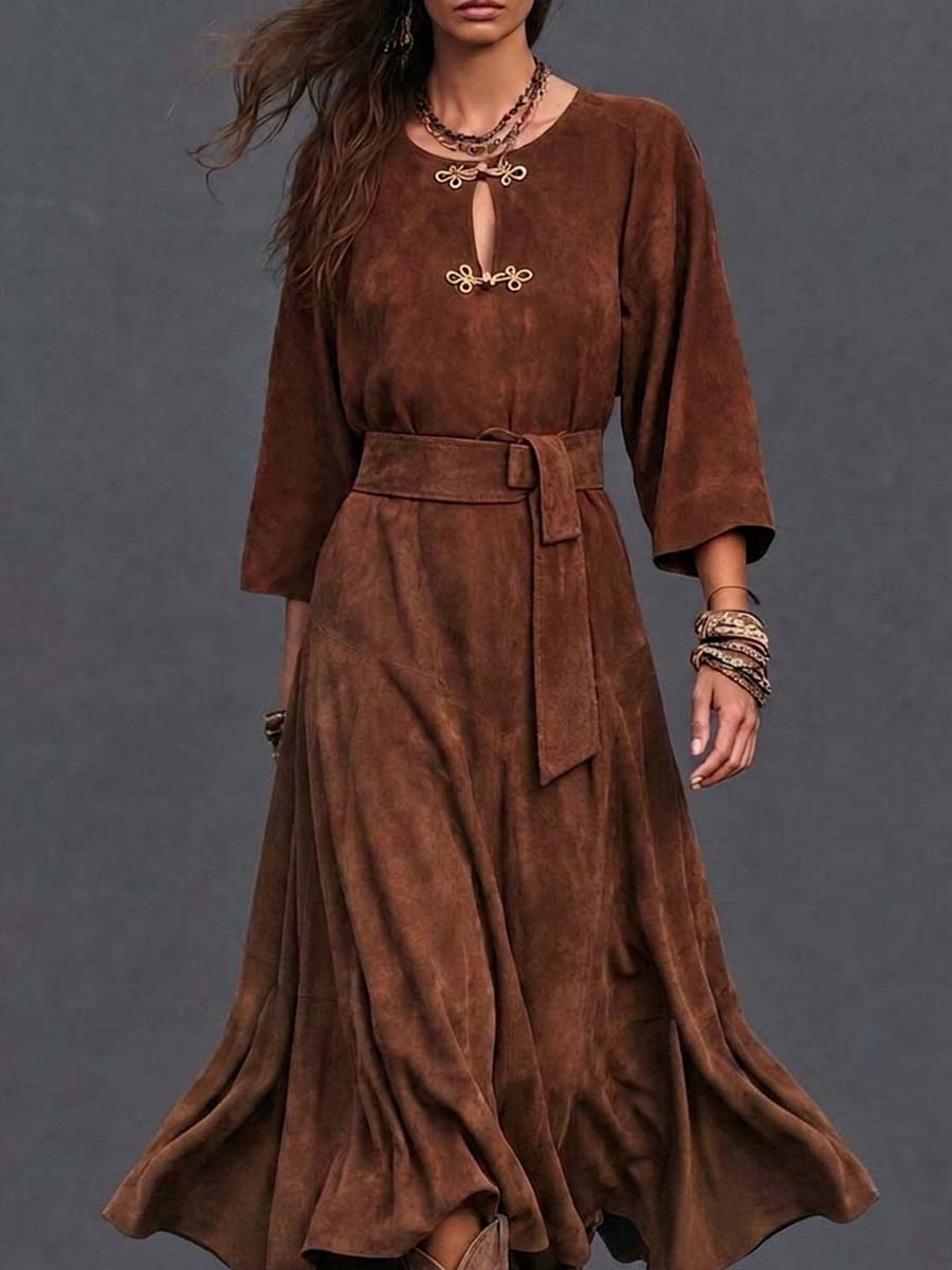 Boho Brown Zip-Front Belted Maxi Dress