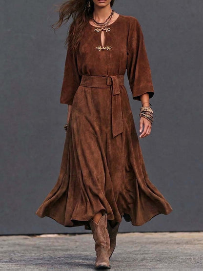 Boho Brown Zip-Front Belted Maxi Dress
