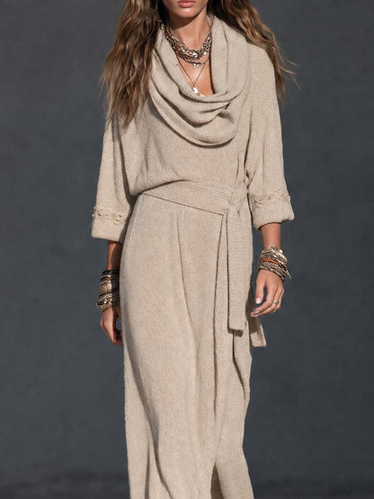 Boho Oatmeal Cowl Neck Tie-Waist Maxi Dress