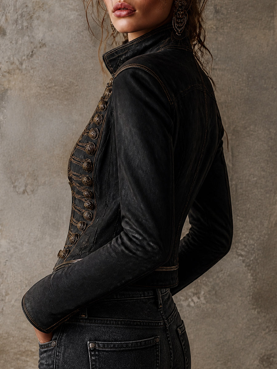Vintage Military Gold-Trim Faux Leather Jacket