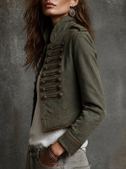 Vintage Military Gold-Braid Olive Green Cropped Jacket