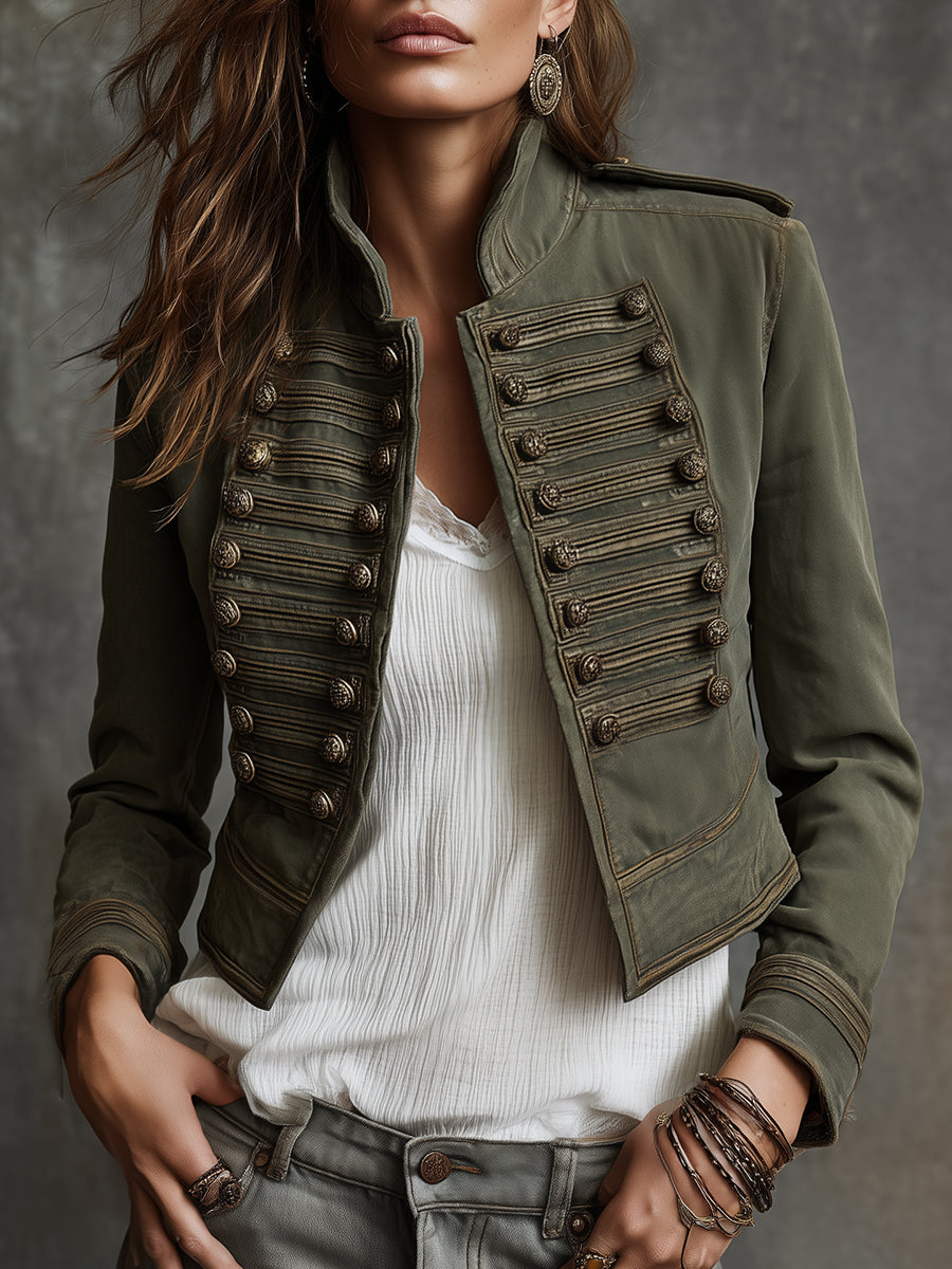Vintage Military Gold-Braid Olive Green Cropped Jacket