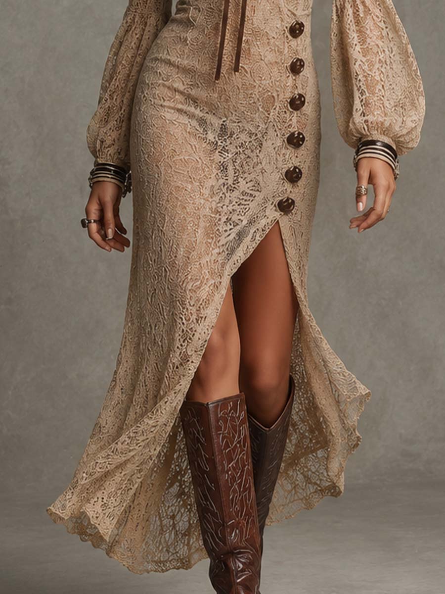 Boho Khaki Sheer Lace Maxi Dress Sailor Striped Collar Lantern Long Sleeve Side Button Front Split Western Dress