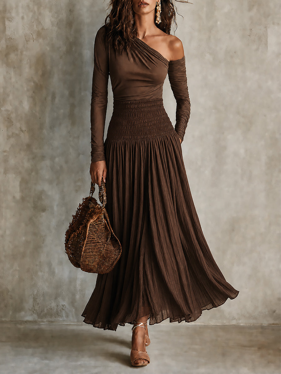 Boho One-Shoulder Long Sleeve T-shirt & Smocked waist Skirt Set