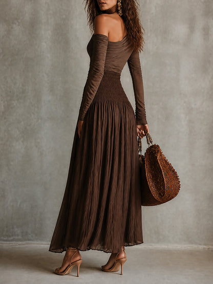 Boho One-Shoulder Long Sleeve T-shirt & Smocked waist Skirt Set