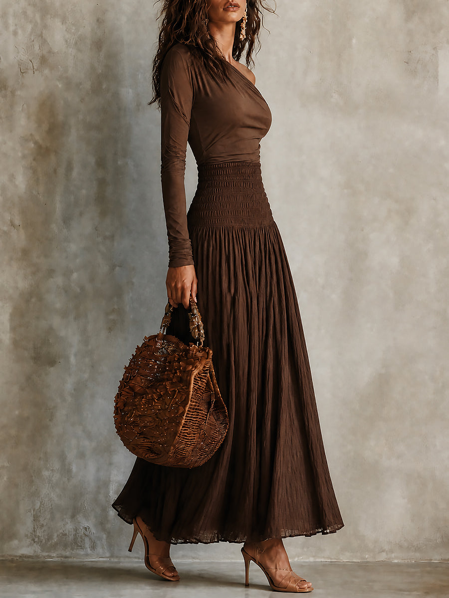 Boho One-Shoulder Long Sleeve T-shirt & Smocked waist Skirt Set