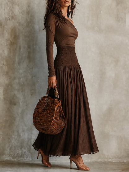 Boho One-Shoulder Long Sleeve T-shirt & Smocked waist Skirt Set