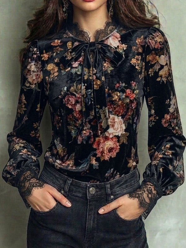 Retro Floral Velvet Bow Neck Lace Cuff Long Sleeve Blouse
