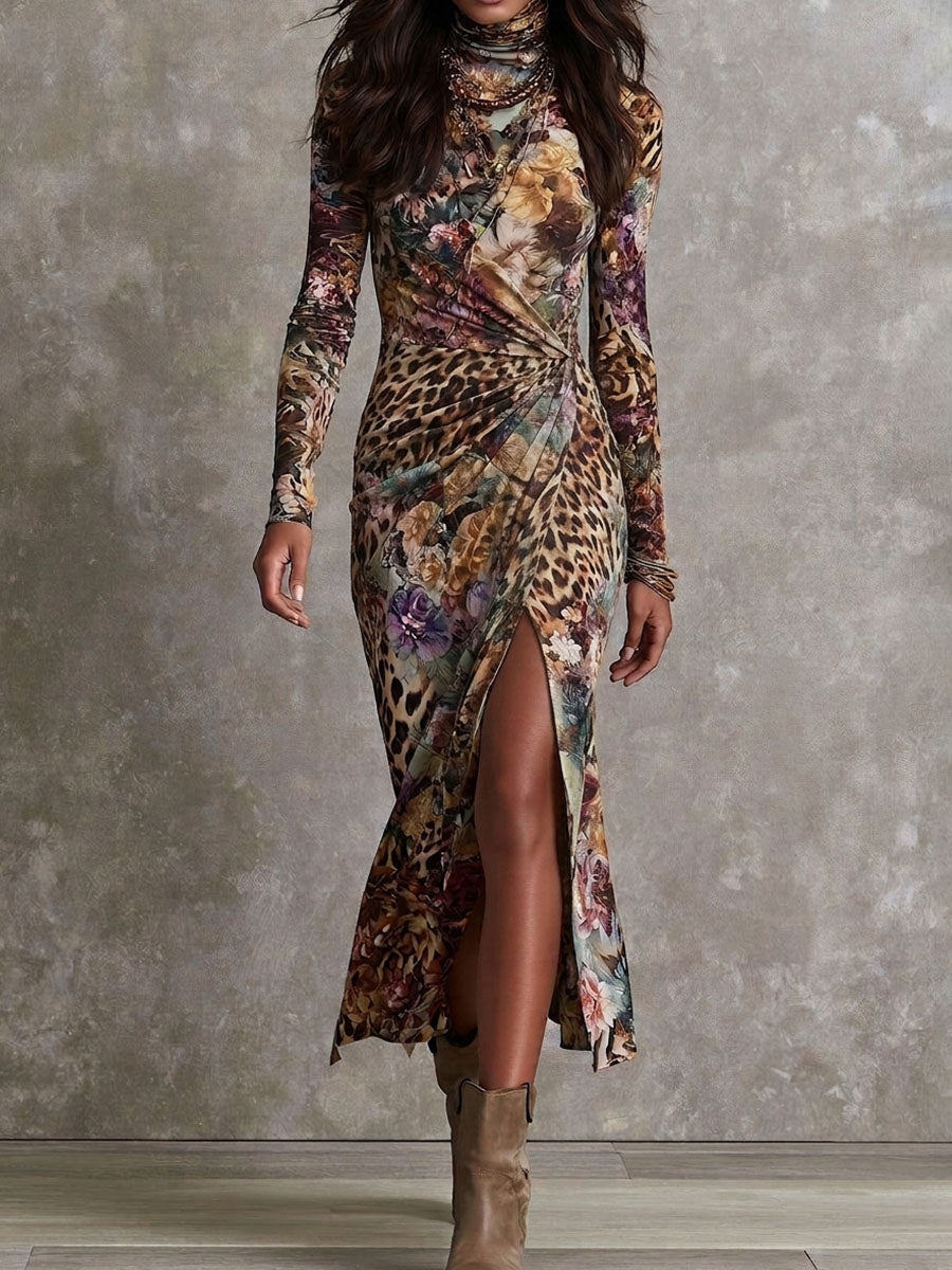 Vintage Animal Floral Print High Neck Twist Front Split Midi Dress