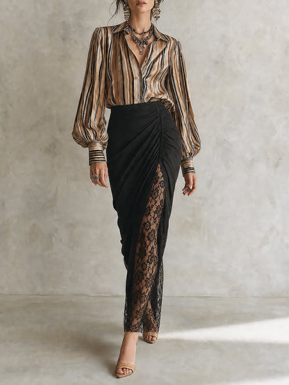 Bohemian Striped Satin Blouse & Ruched Lace Maxi Skirt Set