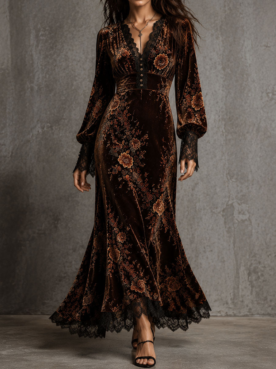 Vintage Velvet Floral Lace V Neck Puff Sleeve Evening Dress