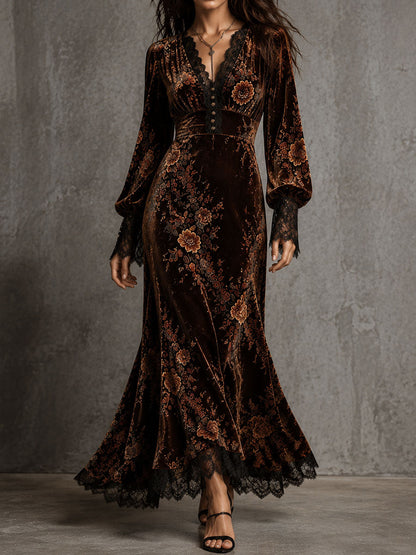 Vintage Velvet Floral Lace V Neck Puff Sleeve Evening Dress