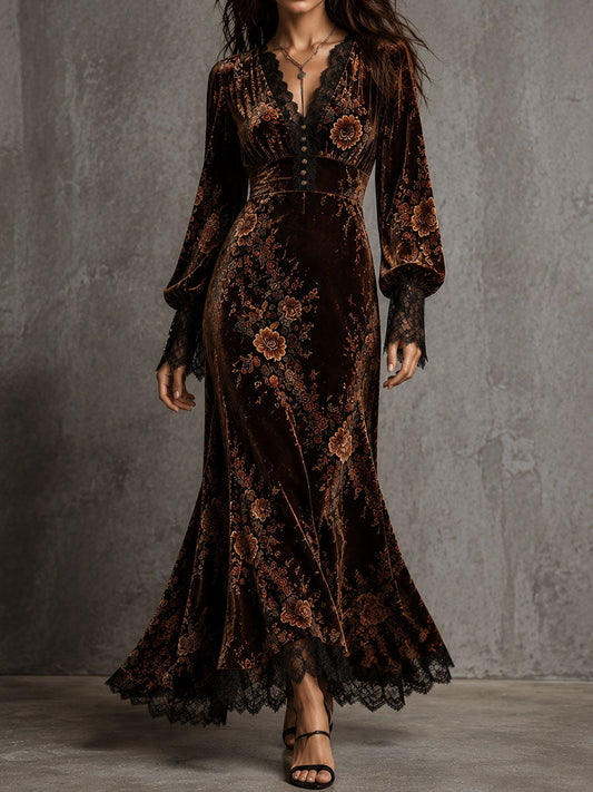 Vintage Velvet Floral Lace V Neck Puff Sleeve Evening Dress