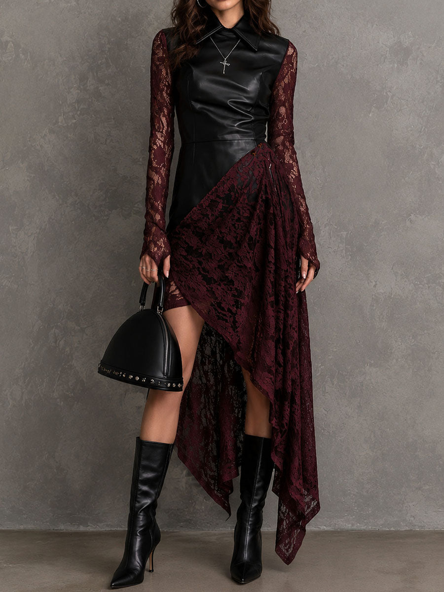 Gothic Faux Leather Lace Long Sleeve Irregular Hem Midi Dress