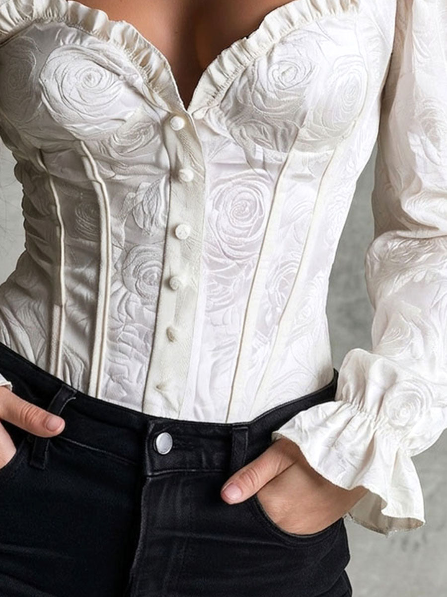 Vintage Rose Jacquard Button Down Blouse With Ruffled Trim