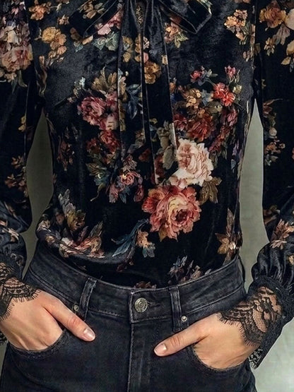 Retro Floral Velvet Bow Neck Lace Cuff Long Sleeve Blouse