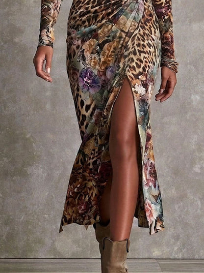 Vintage Animal Floral Print High Neck Twist Front Split Midi Dress