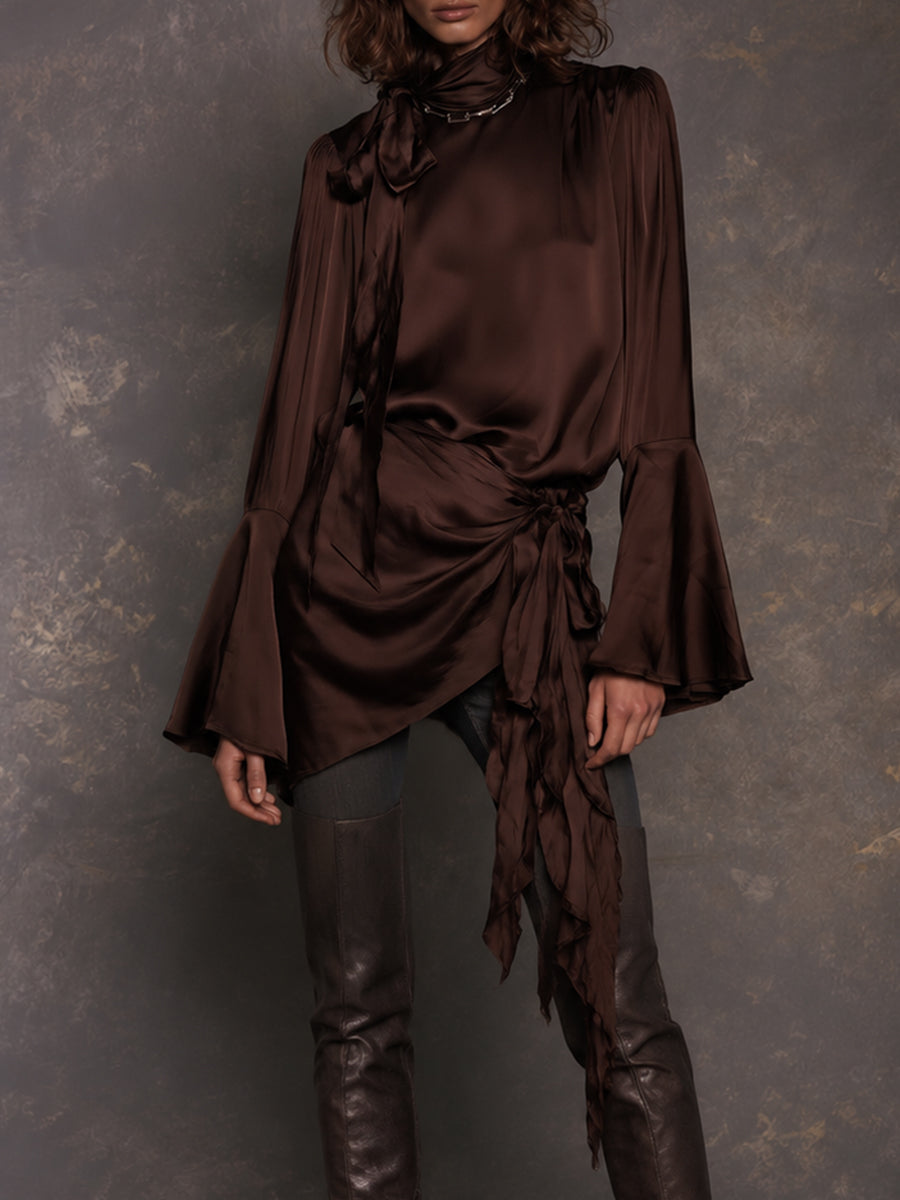 Chocolate Satin Tie-Neck Draped Blouse