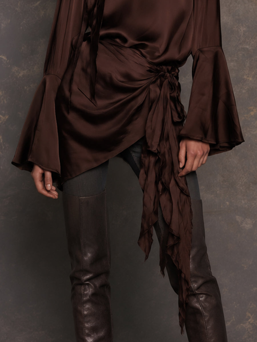 Chocolate Satin Tie-Neck Draped Blouse